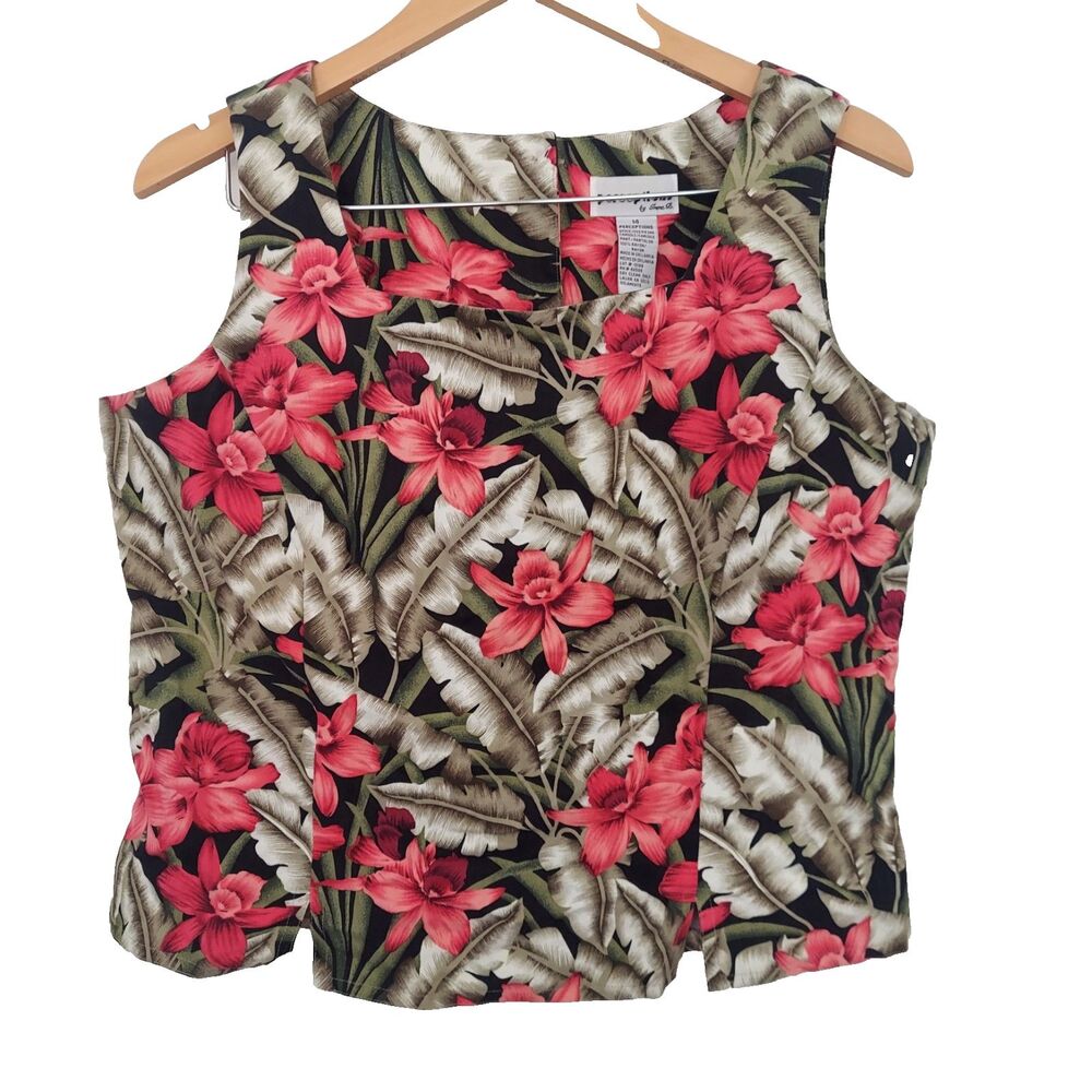 Vintage Perceptions Floral Vest Sleeveless Top Size 14 Palm Leaf Buttons